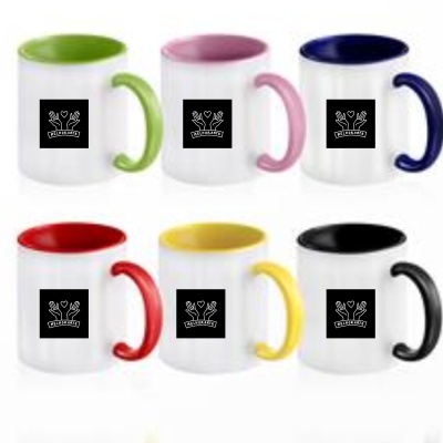 Conjunto de seis canecas brancas com interiores e pegas coloridas e logótipo MELHORARTE.