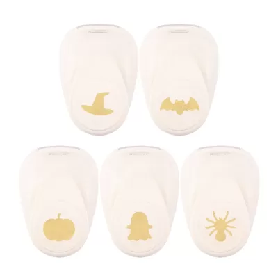 Cinco carimbos de papel branco com símbolos dourados de Halloween