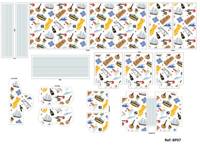 Folha com recortes para caixas e envelopes com padrões musicais e listras azuis e brancas