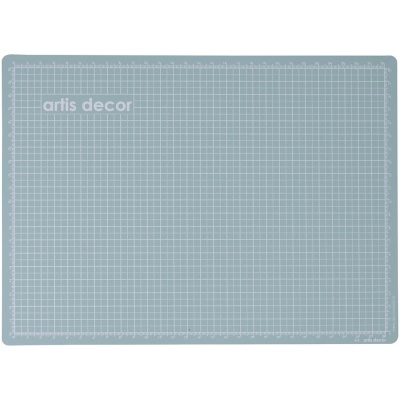 Tapete de corte azul claro com padrão de grade branca e texto artis decor