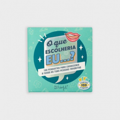 Caixa de jogo azul e verde com texto 'O que escolheria eu...? 100 cartas'