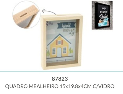 Mealheiro quadro de madeira com vidro e ilustração de casa amarela