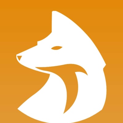 Logótipo branco de raposa estilizada sobre fundo laranja