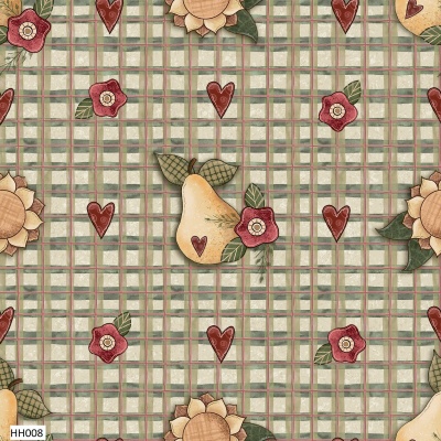 Tecido quadriculado com peras, corações e flores coloridas.