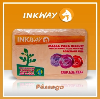 Embalagem de massa para biscuit INKWAY na cor pêssego com texto informativo e símbolos ecológicos