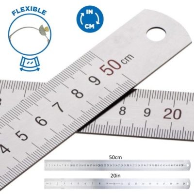 Régua metálica branca com marcações em cm e polegadas e furo para pendurar