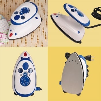 Ferro de engomar elétrico branco com detalhes azuis e base metálica