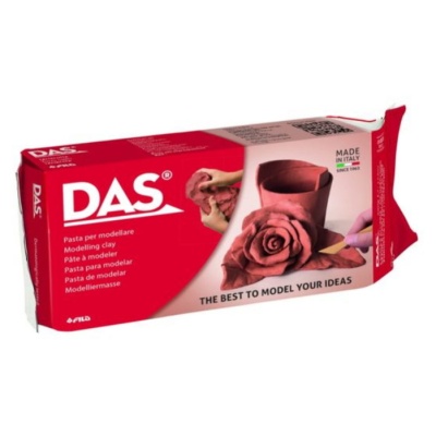 Embalagem de massa para modelar DAS em vermelho e bege com imagem de rosa moldada.