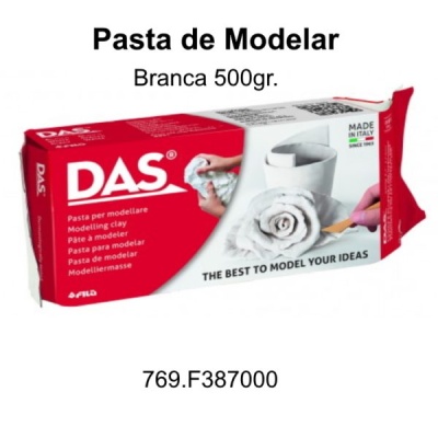 Embalagem de pasta de modelar DAS branca 500g com imagem de moldagem e texto