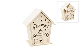 Caixa decorativa em forma de casinha em madeira com urso e texto Feliz Natal