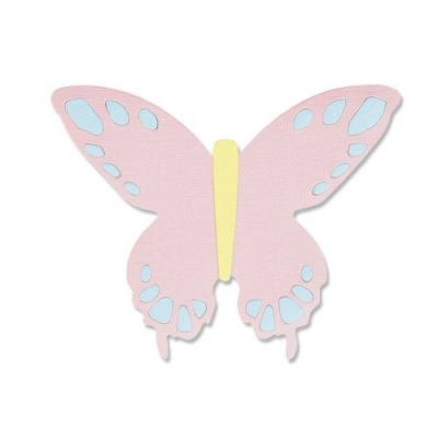 Borboleta de papel cor-de-rosa com manchas azuis e corpo amarelo