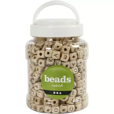 Frasco transparente cheio de contas de madeira cubo com letras