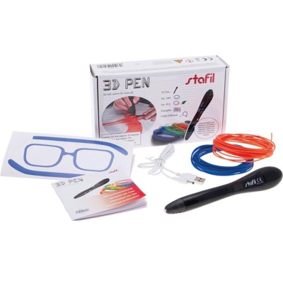 Conjunto caneta 3D Stafil com fios de plástico coloridos e manual, mostrando molde de óculos