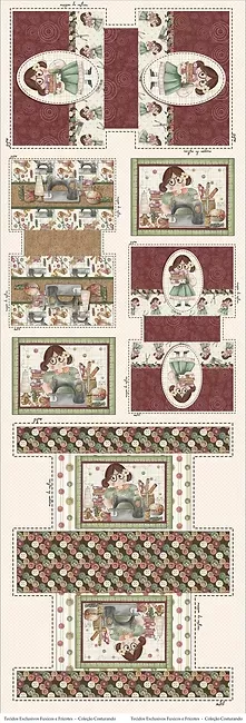 tecido impresso para costura com desenhos de boneca, máquina de costura e flores em tons vermelhos e verdes