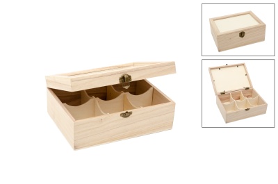 Caixa organizadora em madeira clara com tampa transparente e fecho metálico