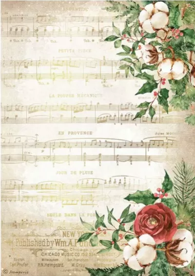 Folha de música antiga decorada com flores vermelhas e algodão branco