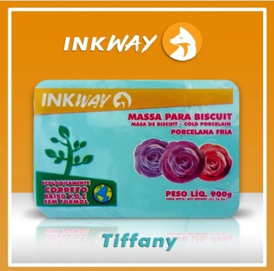 Embalagem retangular de massa para biscuit INKWAY com design azul, branco e laranja e flores rosas