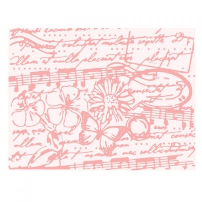 Pano decorativo rosa com flores, notas musicais e texto manuscrito