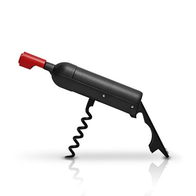 Saca-rolhas multifunções preto com vermelho sobre fundo branco