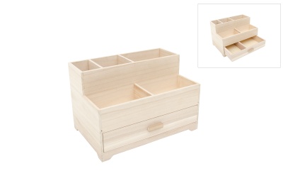 Organizador de madeira com compartimentos e gaveta