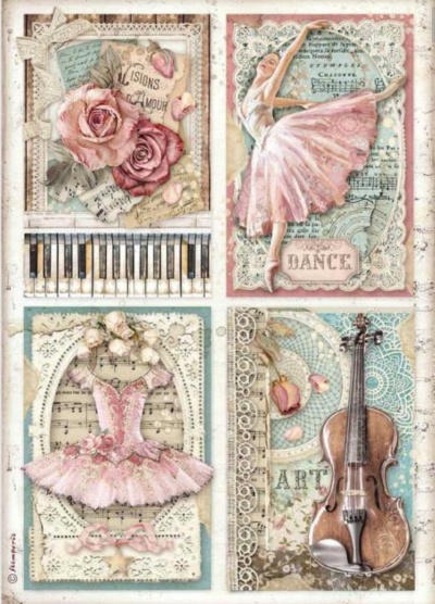 Imagem artística com bailarina, vestido, violino, rosas e partituras com temas musicais e dança.