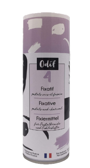 Recipiente cilíndrico de fixativo Odif 4 para pastéis e carvão com design lilás e preto