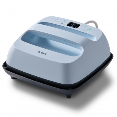 Aparelho elétrico azul claro e preto com display digital e botões no topo