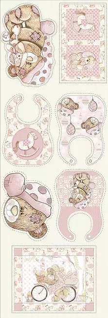 painel de tecido com ursinhos e acessórios para bebé em tons rosa e bege