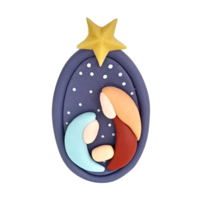 Figura de resina de presépio com estrelas e três personagens em relevo