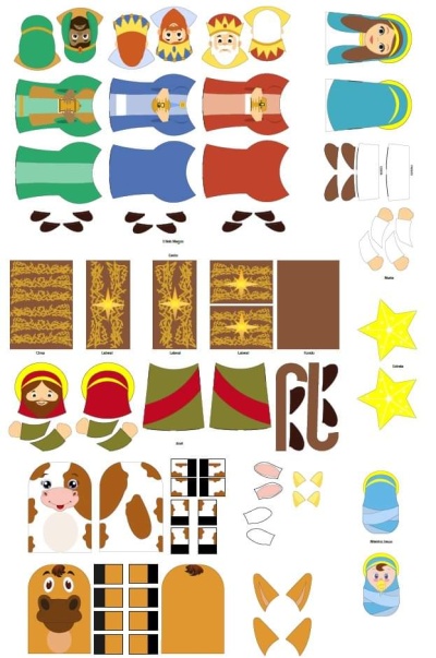 Elementos de papel para montar figuras natalícias coloridas e recortáveis