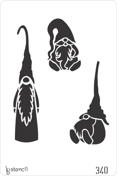 Stencil preto e branco de três gnomos com barbas e chapéus pontudos