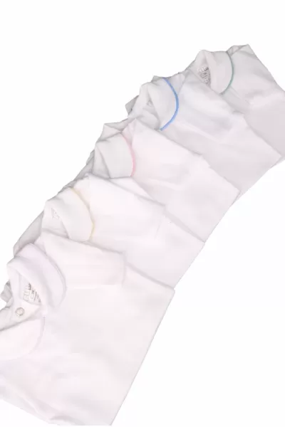 Bodies brancos para bebé com costuras coloridas nas golas