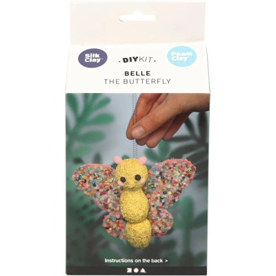Caixa de kit DIY para criar borboleta de argila colorida com corpo amarelo e asas multicoloridas