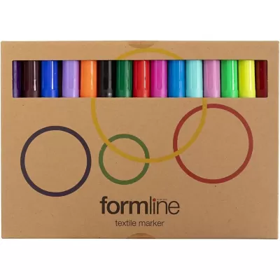 Conjunto de marcadores de tecido Formline em várias cores numa caixa de cartão