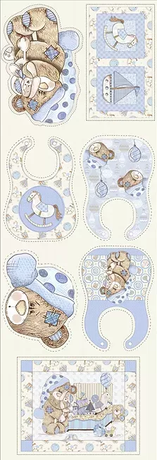 Babete e panos de bebé em azul, bege e castanho com desenhos de ursos, barcos e cavalos de pau