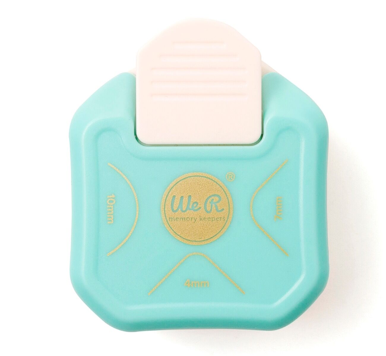 Aparato de plástico azul claro e creme com medidas impressas e botão creme