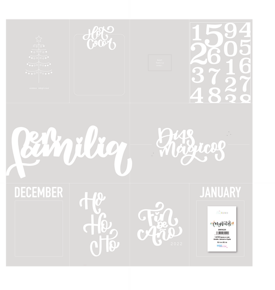 Calendário de parede cinza claro com textos brancos e números, incluindo 'Feliz Ano 2022' e 'Dias Mágicos'.