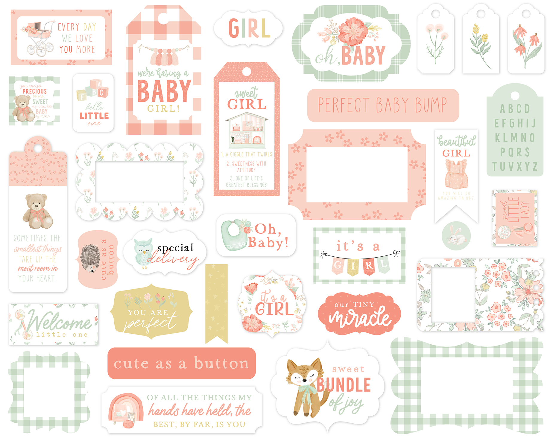 Etiquetas decorativas para bebé com padrões florais, xadrez e textos em tons verdes e laranja