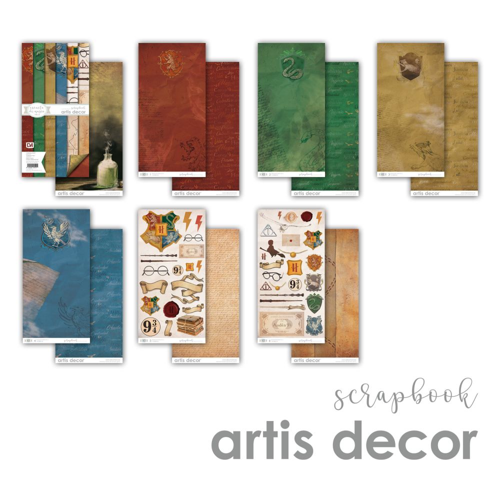 Bloco 12x12 + Kit Coleção | Escola de Magia Scrapbooks Artis Decor com capas coloridas e motivos de Harry Potter