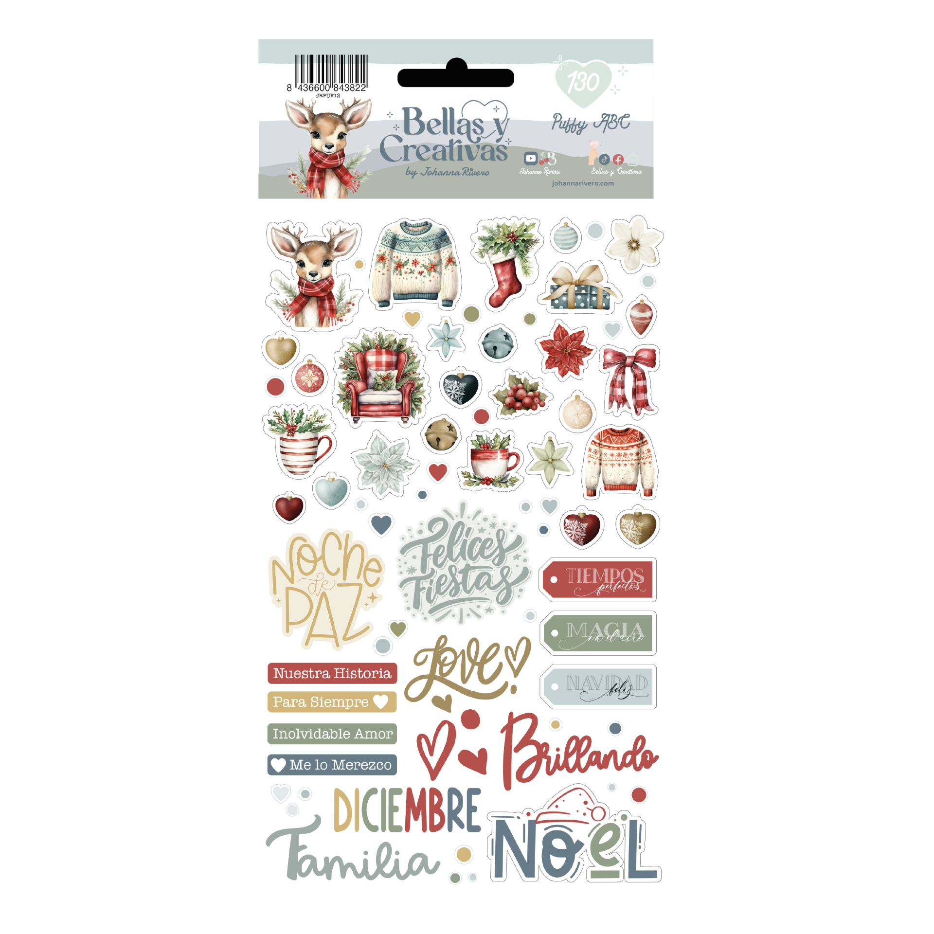 Folha de autocolantes natalícios coloridos com desenhos de veado, camisolas, flores e várias palavras em espanhol.