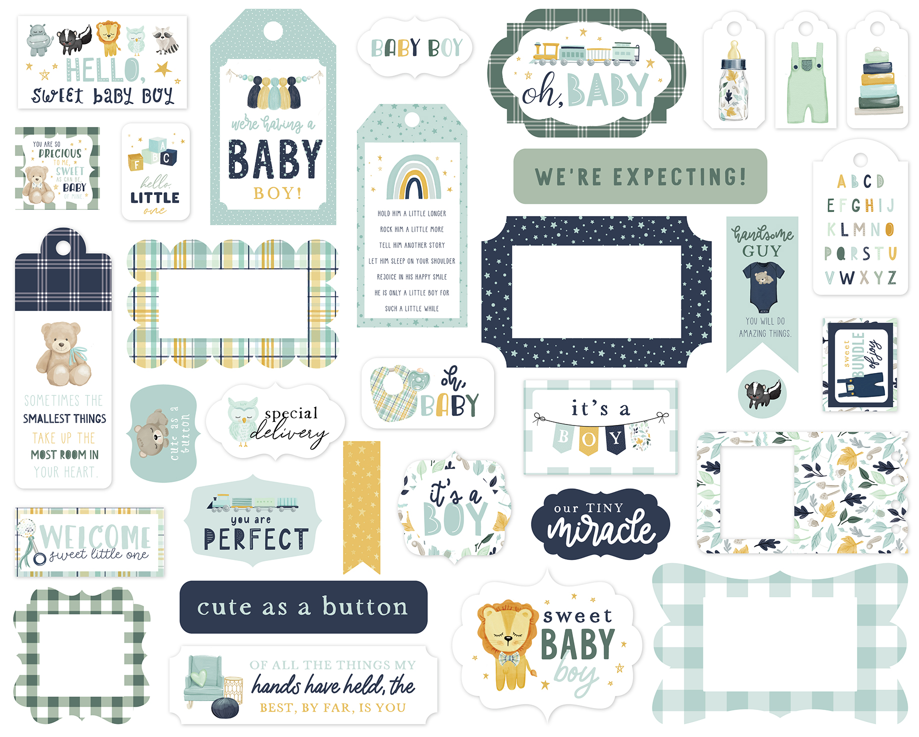 etiquetas decorativas para bebé com textos e desenhos infantis em tons pastel