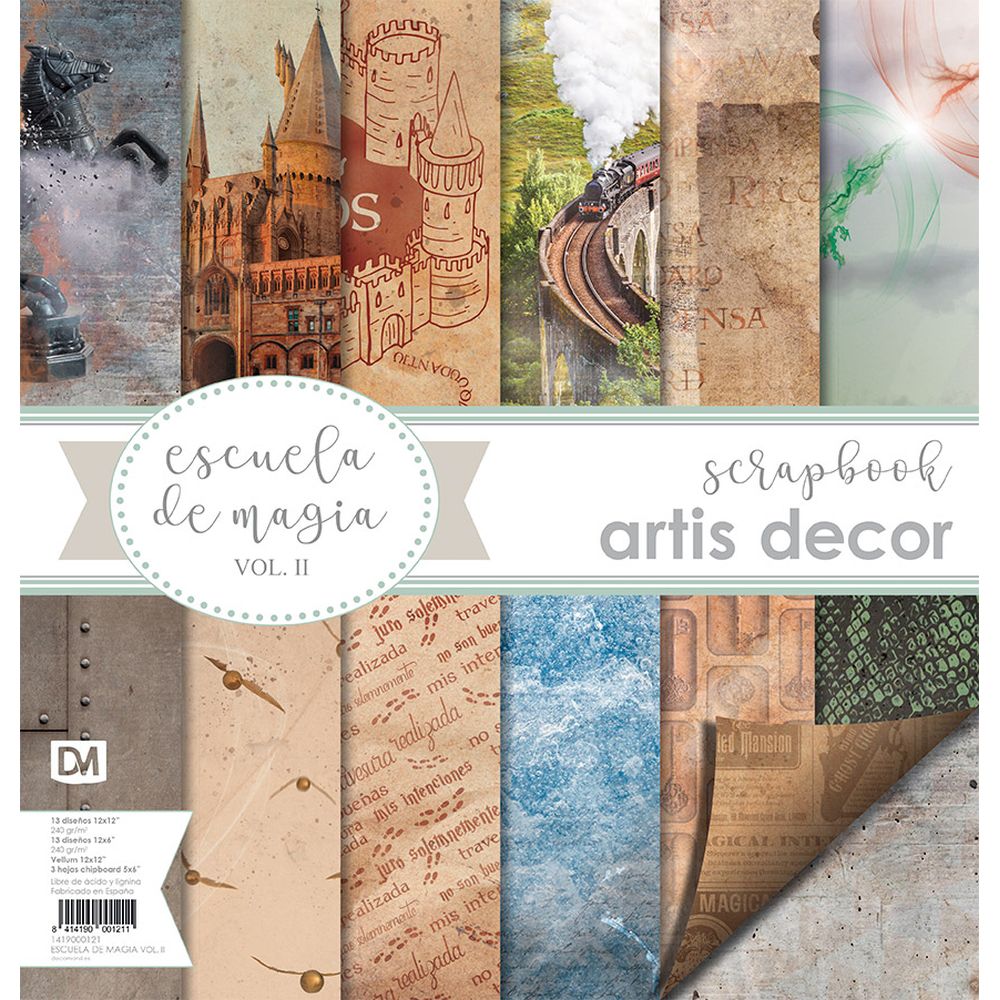 Bloco 12x12 + Kit Coleção | Escola de Magia Conjunto de papéis para scrapbook com temas de magia, castelos e texturas variadas