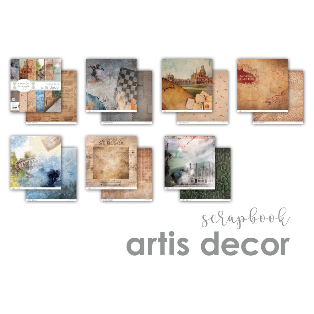 Bloco 12x12 + Kit Coleção | Escola de Magia Oito folhas de scrapbook vintage com temas artísticos, arquitetura e mapas antigos