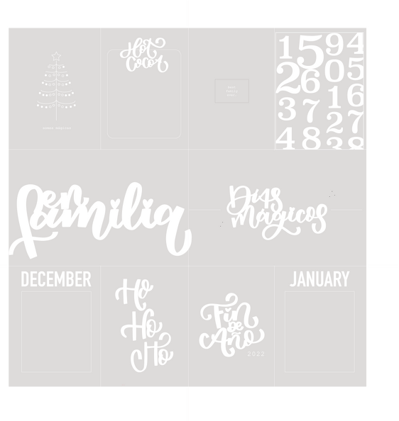 Folha cinzenta com texto branco em várias fontes incluindo palavras e números.