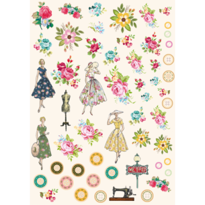 Elementos de costura decorativos com flores, botões, manequins vintage, máquina de costura e letreiro 'METRO'