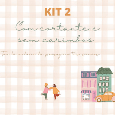 Texto KIT 2 Com cortante e sem carimbos em fundo xadrez com ilustrações de pessoas, edifícios e carro