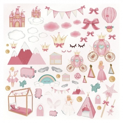 Ilustrações infantis rosas e brancas de castelos, princesa, carruagens, coroas, nuvens e objetos decorativos.