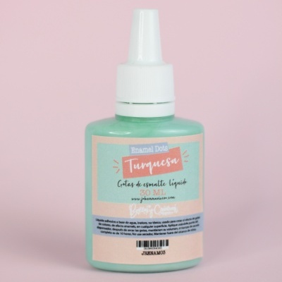 Frasco de gotas de esmalte líquido turquesa com tampa branca, rótulo azul e rosa, fundo rosa