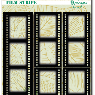 Tiras de filme fotográfico preto com recortes, fundo de folhas douradas e flores