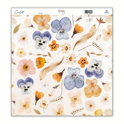 Folha de papel decorativa com padrão floral em tons suaves e texto no topo.